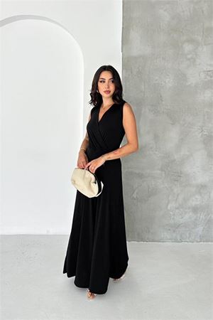 Neşeli butik kadın siyah kruvaze yaka kolsuz bel oturtmalı geniş paça uzun tulum NBK4675
