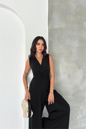 Neşeli butik kadın siyah kruvaze yaka kolsuz bel oturtmalı geniş paça uzun tulum NBK4675