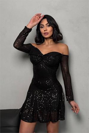 Neşeli butik kadın kayık yaka pul payet mini elbise NBDF128