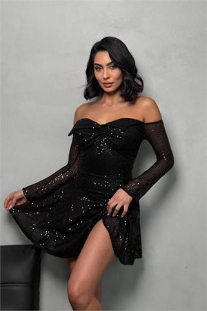 Neşeli butik kadın kayık yaka pul payet mini elbise NBDF128