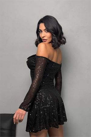 Neşeli butik kadın kayık yaka pul payet mini elbise NBDF128