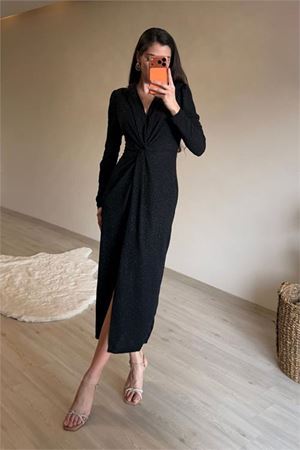 Neşeli butik kadın siyah bel büzgü detaylı yırtmaçlı midi boy abiye elbise NM027