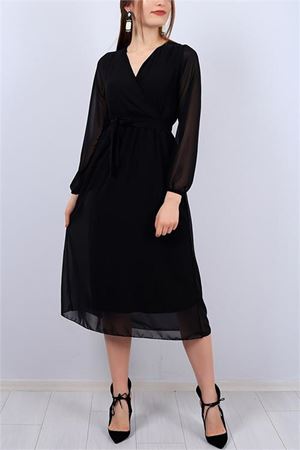 Neşeli butik kadın siyah kuşaklı kruvaze midi şifon elbise NB2023