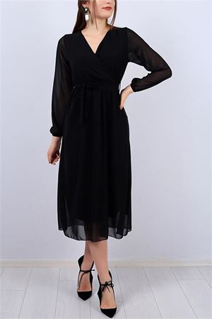 Neşeli butik kadın siyah kuşaklı kruvaze midi şifon elbise NB2023