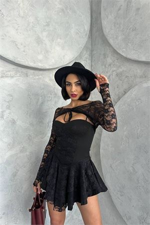 Neşeli butik kadın bolero detaylı güpür prenses elbise NBDF107