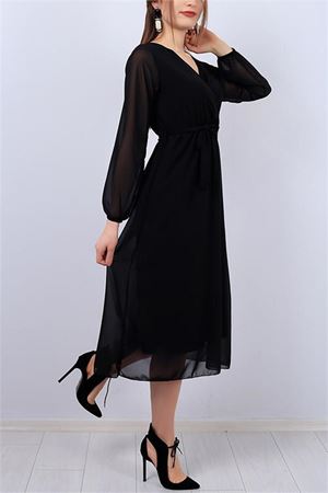 Neşeli butik kadın siyah kuşaklı kruvaze midi şifon elbise NB2023
