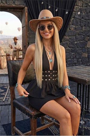 Neşeli butik kadın siyah halter yaka taş detaylı mini boy dalgış kumaş peplum elbise NBDF265