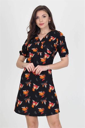 Neşeli butik kadın kruvaze yaka çiçek desenli örme krep mini elbise NB10022