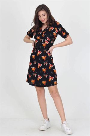 Neşeli butik kadın kruvaze yaka çiçek desenli örme krep mini elbise NB10022