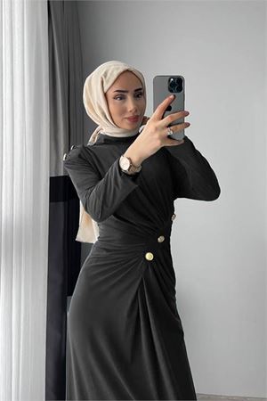 Neşeli butik kadın likralı düğme detaylı tesettür elbise NMS046