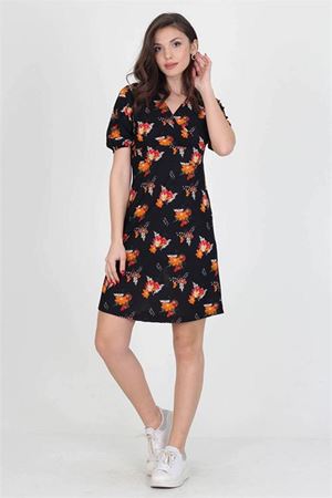 Neşeli butik kadın kruvaze yaka çiçek desenli örme krep mini elbise NB10022