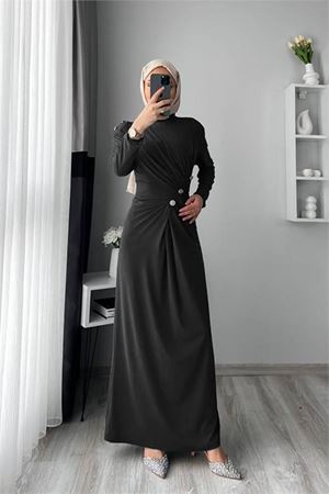 Neşeli butik kadın likralı düğme detaylı tesettür elbise NMS046