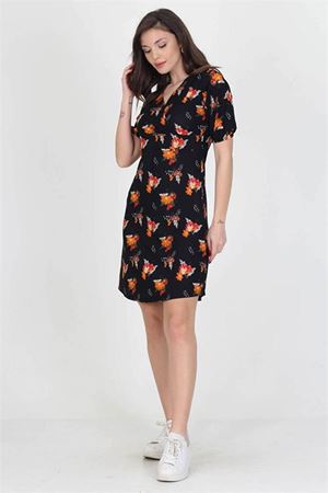 Neşeli butik kadın kruvaze yaka çiçek desenli örme krep mini elbise NB10022