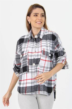 Neşeli butik kadın katlanabilir kol cep detaylı ekose oduncu gömlek NB9020