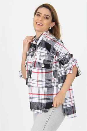 Neşeli butik kadın katlanabilir kol cep detaylı ekose oduncu gömlek NB9020