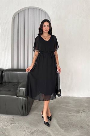 Neşeli butik kadın kuşaklı midi boy şifon elbise NBK4116