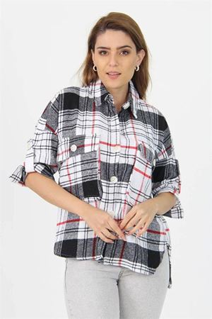 Neşeli butik kadın katlanabilir kol cep detaylı ekose oduncu gömlek NB9020