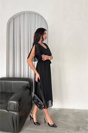 Neşeli butik kadın kuşaklı midi boy şifon elbise NBK4116