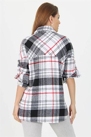 Neşeli butik kadın katlanabilir kol cep detaylı ekose oduncu gömlek NB9020