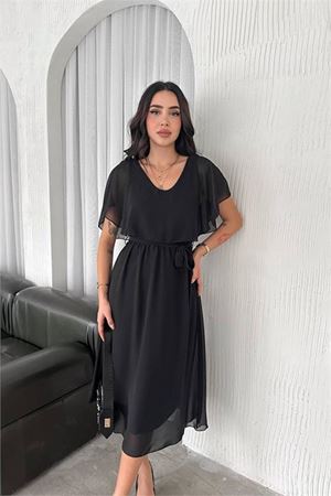 Neşeli butik kadın kuşaklı midi boy şifon elbise NBK4116