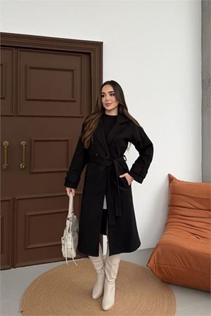 Neşeli butik kadın siyah kuşaklı reglan kol düğmeli premium kaşe kaban NBKBN01