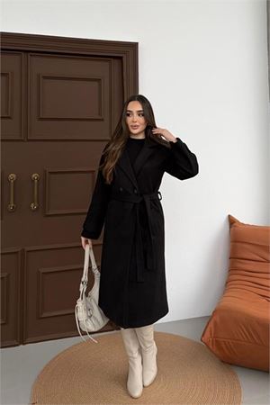 Neşeli butik kadın siyah kuşaklı reglan kol düğmeli premium kaşe kaban NBKBN01