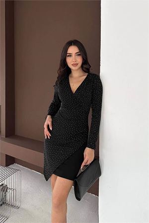 Neşeli butik kadın siyah taş detaylı uzun kol drapeli V yaka mini boy elbise NBK071
