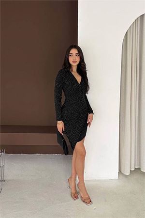 Neşeli butik kadın siyah taş detaylı uzun kol drapeli V yaka mini boy elbise NBK071