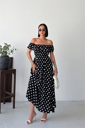 Neşeli butik kadın siyah madonna yaka fırfır detaylı desenli midi boy elbise NBG136