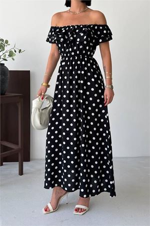 Neşeli butik kadın siyah madonna yaka fırfır detaylı desenli midi boy elbise NBG136