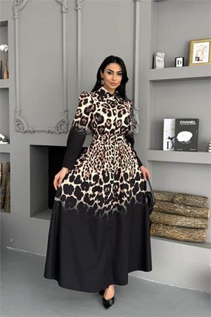 Neşeli butik kadın siyah leopar desen atlas kumaş düğmeli ithal elbise NBMS2597