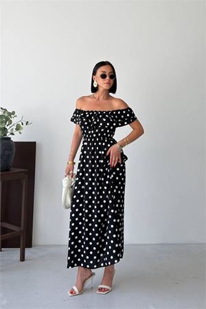 Neşeli butik kadın siyah madonna yaka fırfır detaylı desenli midi boy elbise NBG136