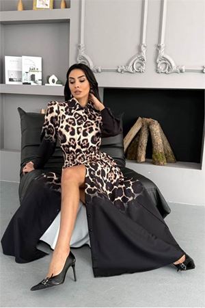 Neşeli butik kadın siyah leopar desen atlas kumaş düğmeli ithal elbise NBMS2597