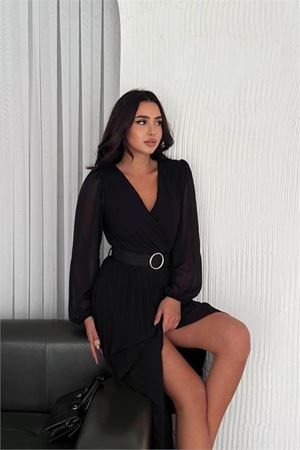 Neşeli butik kadın siyah piliseli kemerli şifon elbise NBK3028