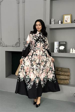 Neşeli butik kadın siyah çiçek desenli ithal kumaş tam düğmeli kemerli tasarım elbise NBMS25115
