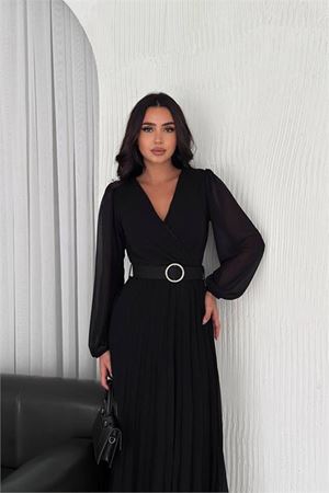 Neşeli butik kadın siyah piliseli kemerli şifon elbise NBK3028