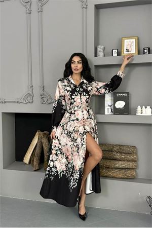 Neşeli butik kadın siyah çiçek desenli ithal kumaş tam düğmeli kemerli tasarım elbise NBMS25115