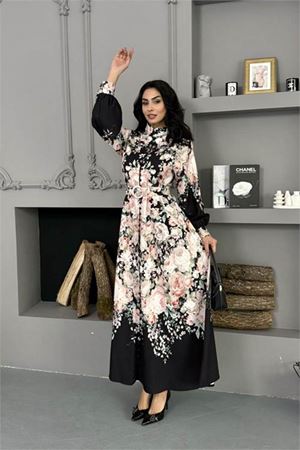 Neşeli butik kadın siyah çiçek desenli ithal kumaş tam düğmeli kemerli tasarım elbise NBMS25115