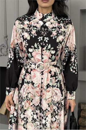 Neşeli butik kadın siyah çiçek desenli ithal kumaş tam düğmeli kemerli tasarım elbise NBMS25115