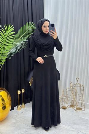 Neşeli butik kadın siyah sandy kumaş degaje yaka kemer detaylı tesettür elbise---- NMS096