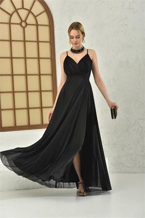 Neşeli butik kadın siyah simli yırtmaç detaylı askılı uzun abiye NBS9276