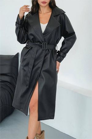 Neşeli butik kadın suni deri kuşaklı trençkot NBMYLK29