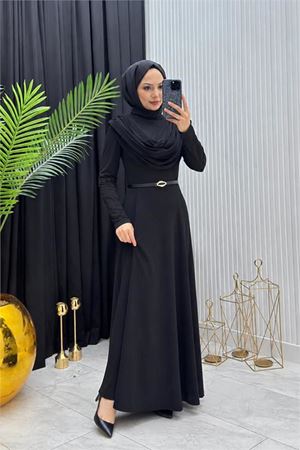 Neşeli butik kadın siyah sandy kumaş degaje yaka kemer detaylı tesettür elbise---- NMS096