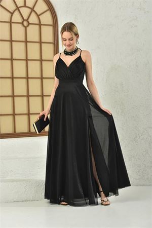 Neşeli butik kadın siyah simli yırtmaç detaylı askılı uzun abiye NBS9276