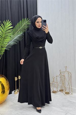 Neşeli butik kadın siyah sandy kumaş degaje yaka kemer detaylı tesettür elbise---- NMS096