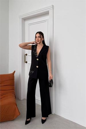 Neşeli butik kadın siyah taş işlemeli gold düğme detaylı kolsuz blazer ceket pantolon takım NBSTR1030
