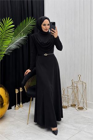 Neşeli butik kadın siyah sandy kumaş degaje yaka kemer detaylı tesettür elbise---- NMS096