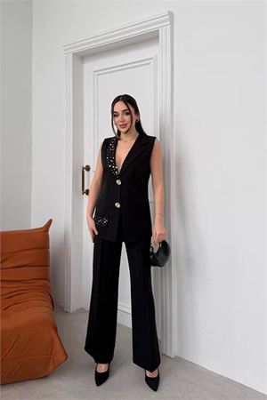 Neşeli butik kadın siyah taş işlemeli gold düğme detaylı kolsuz blazer ceket pantolon takım NBSTR1030