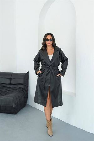 Neşeli butik kadın suni deri kuşaklı trençkot NBMYLK29