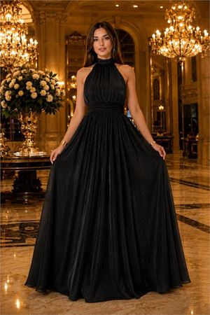 Neşeli butik kadın siyah halter yaka janjan kumaş premium abiye elbise NBMY4128